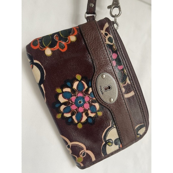 Fossil Key-Per Wristlet Wallet Womens Brown Floral Coated Leather Zip-Around - Picture 1 of 8